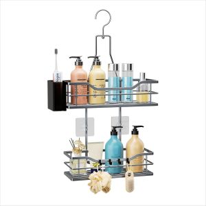 &Eacute;tag&egrave;re de douche &agrave; suspendre argent&eacute;e &agrave; 2 niveaux avec 4 crochets, &eacute;tag&egrave;res de douche antirouille pour shampooing, apr&egrave;s-shampoing et rangement de salle de bain - Neuf
