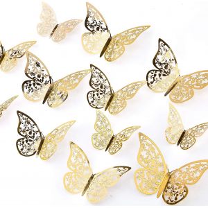 24pcs Ornements De Papillons 3D Autocollants Amovibles Vifs Or Avec 3 Tailles Différentes,Pour Stickers Muraux,Ornements De Chambre d'Enfants,Décor De Fête De Mariage - Neuf