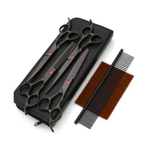 Ensemble De Ciseaux De Toilettage Professionnels En Titane Noir De 7 Pouces - 6 Pi&egrave;ces Au Design Ergonomique Pour Chiens Et Chats - Neuf