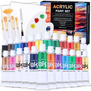 Peinture Acrylique, 33 Tubes De Peinture Acrylique Avec 24 X 12ml De Pigment Acrylique +5 Pinceaux +2 Toiles +1 Palette De M&eacute;lange +1 Couteau M&eacute;langeur De Peintures Acryliques Pour Papier, Roche, Bois - Neuf