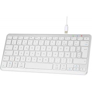 Clavier sans Fil Bluetooth, Mini Clavier AZERTY Fran&ccedil;ais, Clavier L&eacute;ger Silencieux, Rechargeable USB C, 12 Raccourcis Multim&eacute;dias, pour Mac, iPad, iPhone, Android, Windows-Silver - Neuf