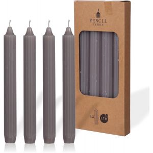 Lot de 4 bougies de table unies et nervur&eacute;es-20 cm-Dur&eacute;e de combustion : 7 heures-Gris - Neuf