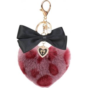 Cheng-Porte-Cl&eacute; Pompon L&eacute;opard En Peluche Forme De Coeur Avec Bo&icirc;te Pendentif Noir Noeud Papillon Perle D&eacute;cor Pour Voiture Sac &Agrave; Main Saint-Valentin No&euml;l - Neuf