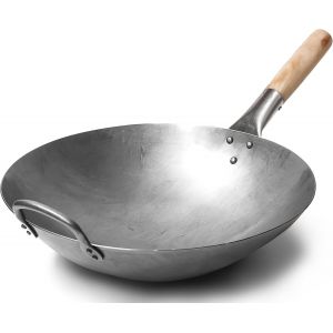 Jexnovashop-Wok Traditionnel En Acier Carbone Martel&eacute; &Agrave; La Main Avec Poign&eacute;e Auxiliaire En Bois Et Acier (Diam&egrave;tre 35,6 Cm, Fond Rond)/731w88 - Neuf