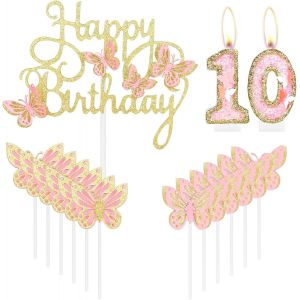 D&eacute;coration De G&acirc;teau D'anniversaire En Forme De Papillon Pour 10e Anniversaire De Fille, Chiffre 10 Rose Dor&eacute;, D&eacute;coration De G&acirc;teau D'anniversaire Pour 10e Anniversaire De Fille, Papillon Ro[Z2800] - Neuf
