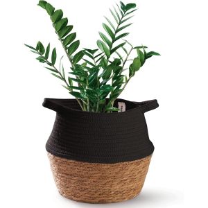 Nouvelhorizonstore-Panier Osier En Jonc De Mer Et Coton Durable - Diam&egrave;tre De 27 Cm - Pot De Fleurs - Cache Pot Pour Plantes Int&eacute;rieur, Rangement Et D&eacute;coration (Noir) - Neuf