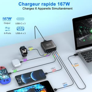 TIANYI-Chargeur USB C Rapide,167W Chargeur USB Multiple,6 Ports Chargeur Type C avec GaN Tech Compatible avec MacBook Pro/Air,iPad Pro,iPhone 15/14/13/12,Samsung Galaxy,Note 20/10+,Pixel,Steam Deck - Neuf