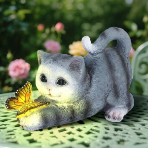 MEVRONISSHOP-Statues Solaires Jardin D&eacute;corations Solaires Ext&eacute;rieur Chat avec Lumi&egrave;re Papillon Figurine R&eacute;sine Mignonne Statue Lumi&egrave;re pour Jardin Terrasse Balcon Porche Pelouse - Neuf