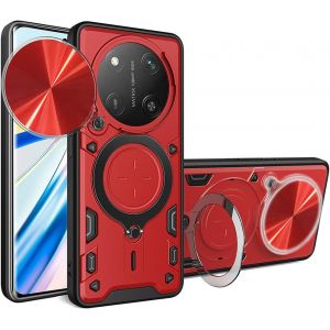 Kal-Coque Pour Honor Magic 7 Lite 5g, Style Cool Pc + Tpu Silicone Antichoc Armure Housse, Étui Avec Métal Rotation Magnétique Support Y Protection De La Caméra - Rouge - Neuf