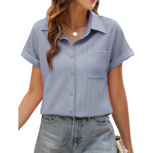Utigh-Chemise Femme Haut Été Blouse Femme Chic Et Élégant Manches Courtes Col En V Chemisier Tunique Tops Avec Boutons Haut Décontractés T-Shirts D'été Ample Couleur Unie - Neuf
