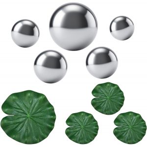Mevronisshop-Lot De 4 Boules Flottantes En Acier Inoxydable Avec 4 Feuilles De Lotus - D&eacute;coration D'eau R&eacute;fl&eacute;chissante Pour &Eacute;tang De Terrasse, Mini &Eacute;tang Et Fontaine De Jardin - Neuf