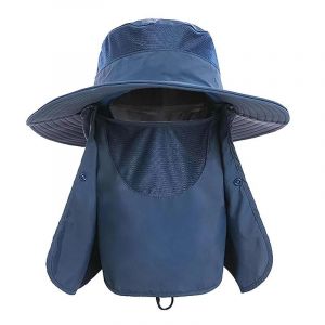 Couvre-Visage Amovible &Agrave; Large Bord Casquette De P&ecirc;che Sangle R&eacute;glable Protection Uv Couvre-Cou Chapeau De Soleil Fournitures De Plein Air -Bleu Marine - Neuf