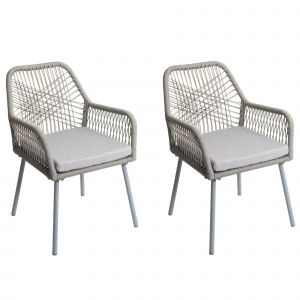 Lot De 2 Chaises De Jardin Motif Graphique A&eacute;r&eacute; En Aluminium Gris Corde Tress&eacute;e Et Coussins Cr&egrave;me Inclus 04_0009692 - Neuf