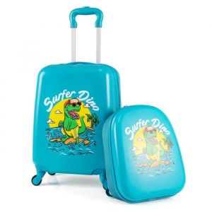 COSTWAY Valise Enfant à Roulettes 16¿¿ + Sac à dos 13¿, Ensemble de Bagage Enfants, Motif Dinosaure, voyages en avion, Bleu - Neuf