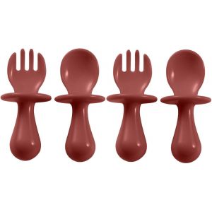 Kal-2 Sets De Vaisselle Bébé En Libre Service, Auto-Alimentateur En Silicone, Convient Aux Bébés De Plus De 6 Mois, Deux Fourchettes Et Deux Cuillères - Sauce Rouge - Neuf