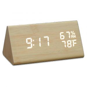 Réveil numérique en bois,avec 3 réglages d'alarme,affichage électronique de l'heure à LED,luminosité et température à 3 niveaux,bon pour la chambre à coucher - bambou blanc - Neuf