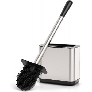 SEPT-Brosse WC Silicone, Brosse &agrave; WC en INOX avec T&ecirc;te Flexible - Brosse &agrave; WC &agrave; Long Manche avec Protection Anti-&eacute;claboussures - Balai Toilette WC Argent pour La Salle de Bain - Neuf