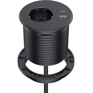 Prise Encastrable Plan de Travail avec 1 Prise, 1 Port USB C, 1 Port USB A, 80 mm de Diam&egrave;tre, Prolongateur de 2M de C&acirc;ble, Prise Bureau pour la Cuisine, Le Bureau, Les Meubles (Black) - Neuf