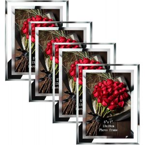 Cadre Photo 10x15 en Verre, Lot de 4 Cadres en Argent et paillettes &agrave; Poser sur Mural - Neuf