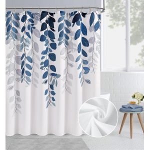 Rideau de douche bleu motifs eucalyptus 180x180 cm, design floral aquarell&eacute;, polyester imperm&eacute;able r&eacute;sistant &agrave; l'humidit&eacute; et facile d'entretien - Neuf