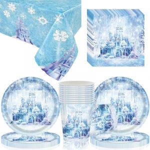 Letnerny-Lot De 61 Pièces De Vaisselle Ice Castle Party Avec Tasses, Serviettes, Assiettes Et Nappes Pour Fêtes D'anniversaire, Noël, Mariages Pour 20 Invités - Neuf