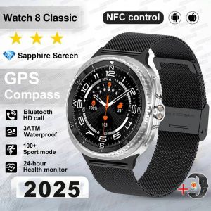 Montre 8 Ultra classique GPS SmartWatch boussole NFC hommes AMOLED appel Chat GPT montres 3ATM &eacute;tanche sport Fitness mme Smartwatch,Ceinture en Maille Noire - Neuf
