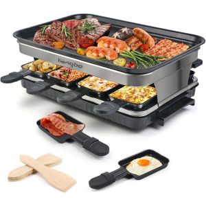 NouvelHorizonstore-Appareil &agrave; raclette &eacute;lectrique pour 8 personnes, avec 8 mini po&ecirc;lons et 4 spatules en bois, temp&eacute;rature r&eacute;glable en continu, 1500 W, rev&ecirc;tement anti-adh&eacute;sif, en acier inoxydable - Neuf