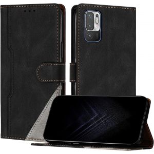 KAL-&Eacute;tui Pour Xiaomi Redmi Note 10 5G/Poco M3 Pro 5G, Housse En Cuir Pu Avec [Protection Antichoc Tpu] [Fonction Support] [Porte-Cartes ] Antichoc Magn&eacute;tique Coque Pour Redmi Note 10 5G - Noir - Neuf