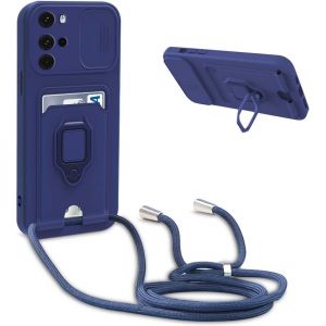 Kal-Coque Avec Cordon Pour Motorola Moto G22,Collier Pour Étui Colliers De Cellulaire Réglable Corde Silicone Souple Case,Protection De La Caméra,Support,Porte Cartes - Bleu - Neuf