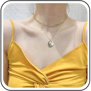 Kal-Collier En Couches D'or Collier Boho En Couches De Disques De Pièces De Monnaie Collier Multicouche De Trombones Collier Ras Du Cou Bijoux De Chaîne Pour Femmes Et Filles Cadeaux - Neuf
