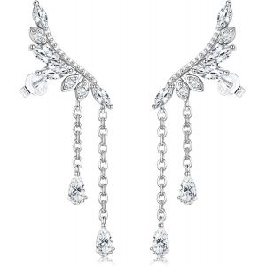 Women's 925 Silver Drop Earrings With Zirconia Crystals Feather Leaf Earrings For Women Girls With Gift Box Valentine's Day, Birthday, Mother's Day, Christmas, Silver, Zircon Crystals - Neuf