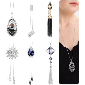 Meimie-6 Pcs Long Pendentif Collier Bijoux Fantaisie Femme Chandail Collier Ensemble Argent Plaqué Strass Fleur Gland Collier Y Simple Colliers Chandail Chaîne Bijoux De Mode Femmes Cadeaux - Neuf