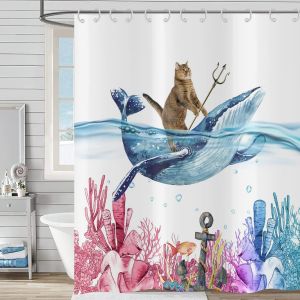 Sjzg-Rideau De Douche Chat Dr&ocirc;le 120x200, Mignon Chaton Chevauchant Une Baleine, Oc&eacute;an Corail Algues Poissons Tropicaux, Imperm&eacute;able Polyester Tissu Lavable Pour Enfants - Neuf