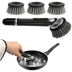 LORANKA-Brosse Vaisselle avec Reservoir avec 3 T&ecirc;Tes De Brosse De Remplacement Brosse Vaisselle Poils Rigides &eacute;Limination Efficace des Taches Brosse Vaisselle Cuisine Poign&eacute;E Souple Gris - Neuf