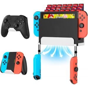 Nintendo Switch Wall Mount Holder with 2 Controllers and 28 Game Card Holders (White) - Neuf