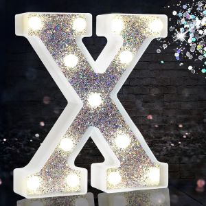 Lettres Lumineuses Led Pour Chapiteau,Lettres De L'alphabet Argentées À Paillettes,Alimentées Par Piles,Pour Veilleuse De Fête D'anniversaire, De Mariage, Décoration De Noël, Lettre X Argentée - Neuf