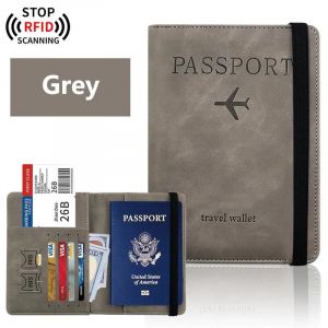 HUED-Porte-passeport, couverture portefeuille, essentiels de voyage, blocage RFID, &eacute;tui pour cartes en cuir, accessoires de voyage internationaux pour femmes/hommes-Grey - Neuf