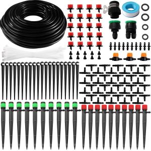 162 Pièces 4/7 mm Kit d'irrigation Goutte, 25m Tuyau d'irrigation, Systeme Irrigation, avec Raccords Cannelés Droits, Connecteurs en T, Bouchons d'extrémité, pour Jardin, Plantes - Neuf