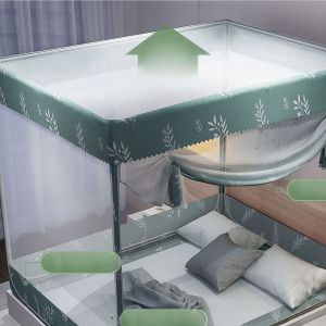 Hjlian Rideaux A Baldaquin De Lit, Rideaux De Lit A Ombrage Physique Integre Avec Support, Moustiquaire Pour Lit Assis, Dessus En Fil De Feuille, Lit De 1,8 M - Neuf