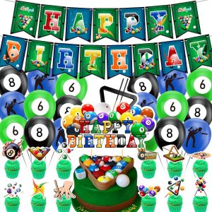 Billard Party Décorations Billard Anniversaire Fournitures Comprend Billard Bannière de Joyeux Anniversaire, Gâteau Topper, Cupcake Toppers, Ballons pour Billard Thème Party Sport Party - Neuf