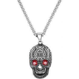 Trahoo-Collier Avec Pendentif Creux En Forme De Crâne Gothique Avec Pierres Rouges Aux Yeux, Acier Inoxydable, Pour Homme, Argenté - Neuf