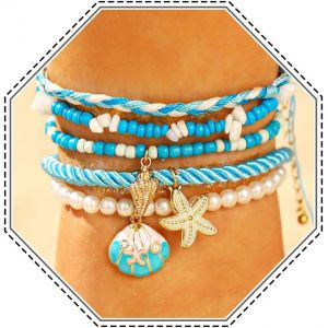 Kalsw-Lot De 5 Bracelets De Cheville Boh&egrave;me Superpos&eacute;s En Coquillage De Mer Pour Femme Bleu,Taille Unique,/,Pas De Gemme - Neuf