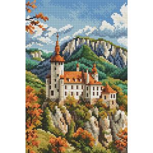 Kit Point De Croix Compt&eacute; Collection D`Art "Ch&acirc;teau Dans Les Montagnes" 14.5x22 Cm - Neuf