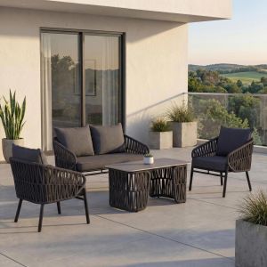 Ensemble De Jardin Hwc-P90, Ensemble Lounge Canap&eacute; Fauteuil Table, Tressage En Corde Rope Tissu/Textile (180 G/M&sup2;)Anthracite - Neuf
