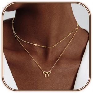 Kales-Collier Femme Or Double Couche,Collier Papillon &Eacute;l&eacute;gant,Collier Plaqu&eacute; Or Femme Avec Pendentif Noeud,En Pour Femmes Et Filles,Bijou Cadeau Anniversaire,Saint Valentin,F&ecirc;te Des M&egrave;res - Neuf