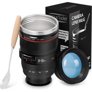 Eryi-Tasse À Café Avec Couvercle Et Cuillère, Tasse De Voyage En Acier Inoxydable Avec Couvercle Magique, Tasse À Appareil Photo Pour Photographes (Noir 320ml) - Neuf