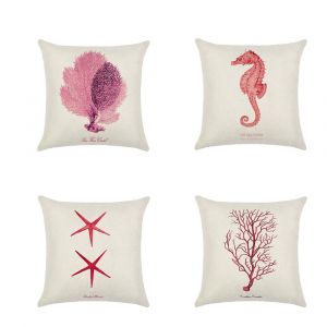 (Rouge) Jeu De 4 Polyester Linge De Voiture Taies D'oreiller Housse De Coussin Pour Canape-Lit Decor A La Maison De 45 X 45 Cm (Etoiles De Mer/Corail) - Neuf