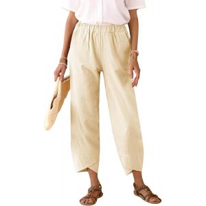Pantalon Été Femme Lin Coton Large Fluide Pantacourt Femme Été Leger Taille Haute Elastique Detente Pantalon 7/8 Ample Pants De Plage - Neuf