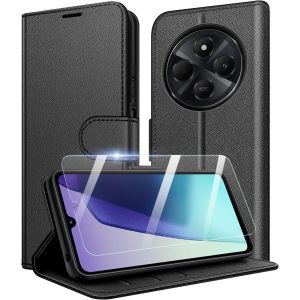 TIANYI-Coque pour Xiaomi Redmi 14C / Redmi A4, [Fermeture Magnetique à Rabat], [Housse Portefeuille en Cuir], [Multifonctionnel] + 1x [Verre Trempé de Protection] (Noir) - Neuf