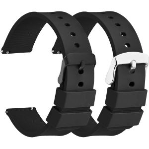 Ersan-2 Pcs Bracelets De Montre En Caoutchouc De Silicone D&eacute;gagement Rapide, Boucle En Acier Inoxydable Noir/Argent, Bracelet De Montre Universel De Remplacement Sportif - Neuf